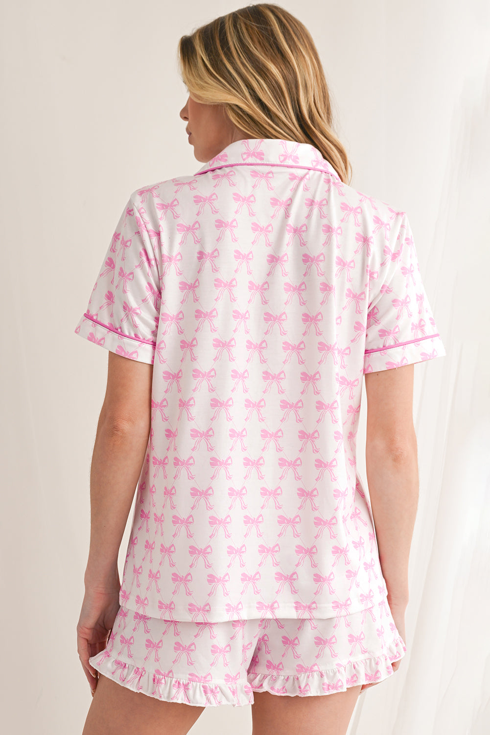 Pink Bowknot Print Shirt and Ruffle Hem Pajamas