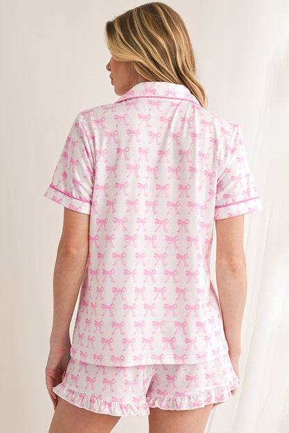 Pink Bowknot Print Shirt and Ruffle Hem Pajamas