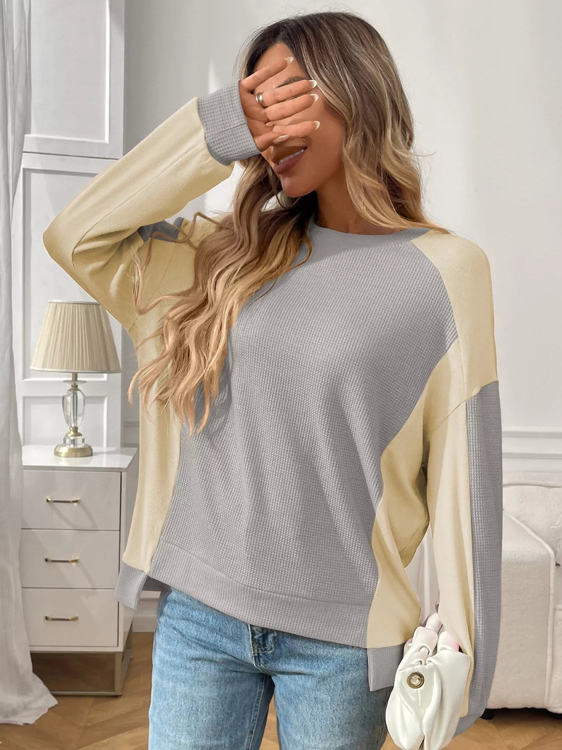 Color Block Waffle Knit Long Sleeve Sweater