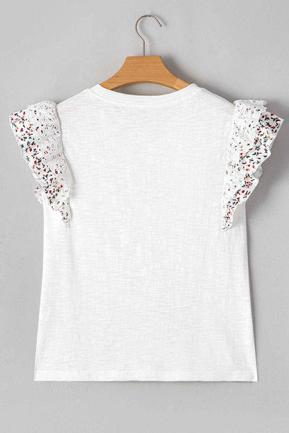 White Floral Lace Eyelet Patched Butterfly Sleeve Blouse