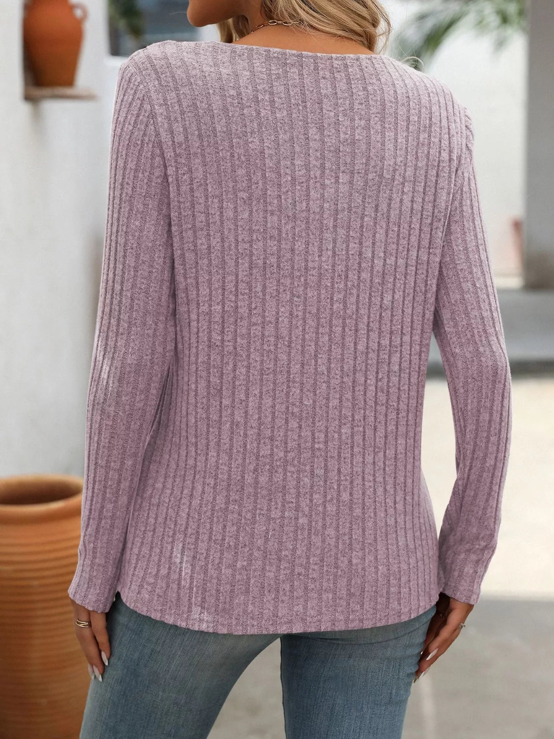 Ribbed Knit Long Sleeve Button Detail Sweater