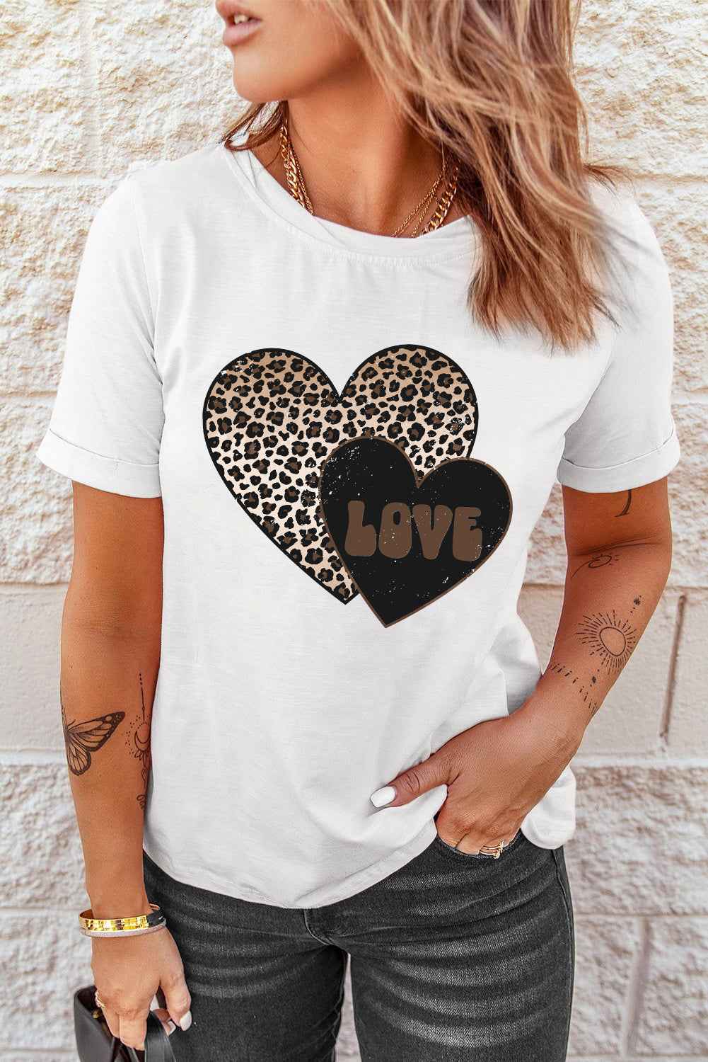 White LOVE Leopard Heart Graphic Crewneck Tee