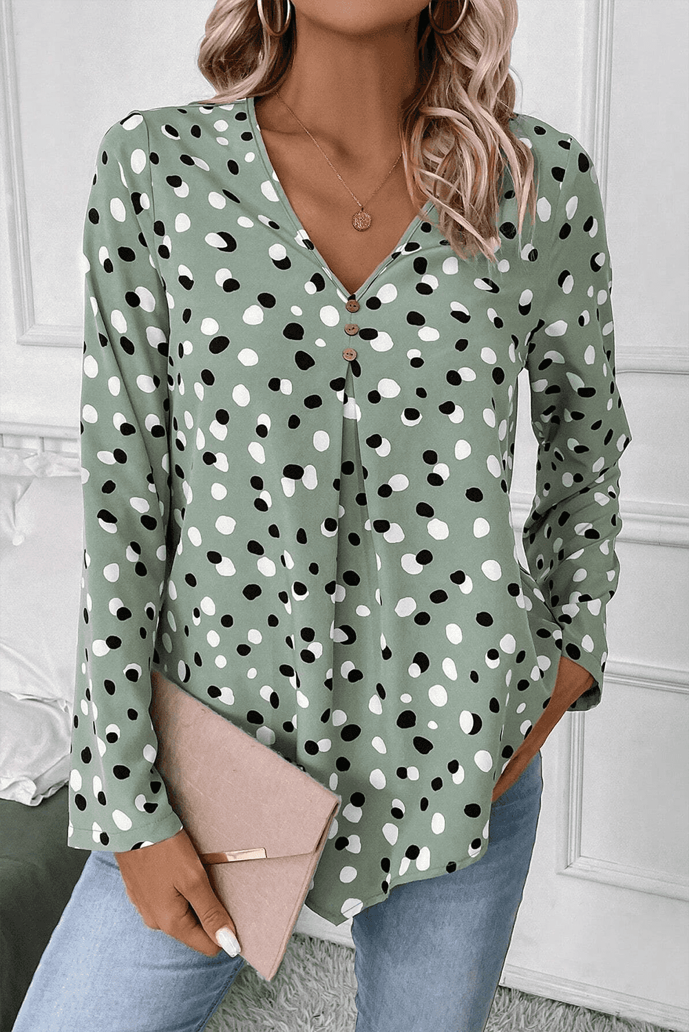 Green Dotted Print Button Front V Neck Blouse