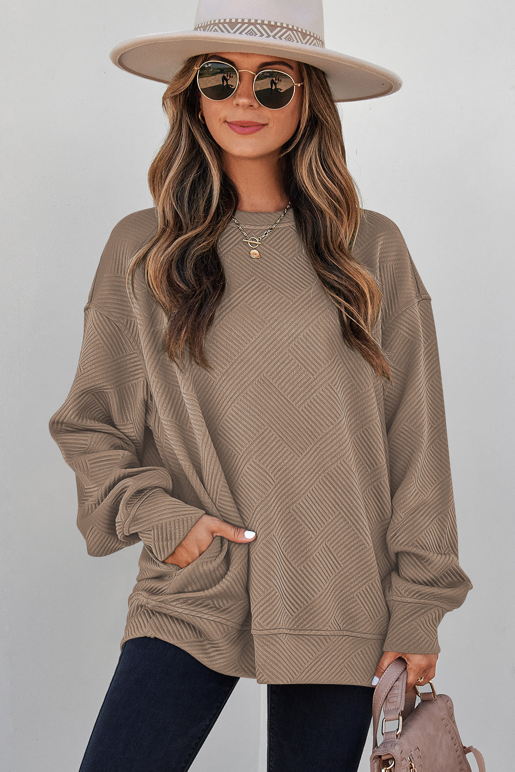 Solid Color Textured Round Neck Drop Shoulder Pullover Sweatshirt