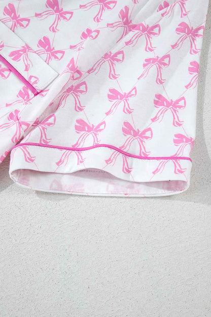 Pink Bowknot Print Shirt and Ruffle Hem Pajamas