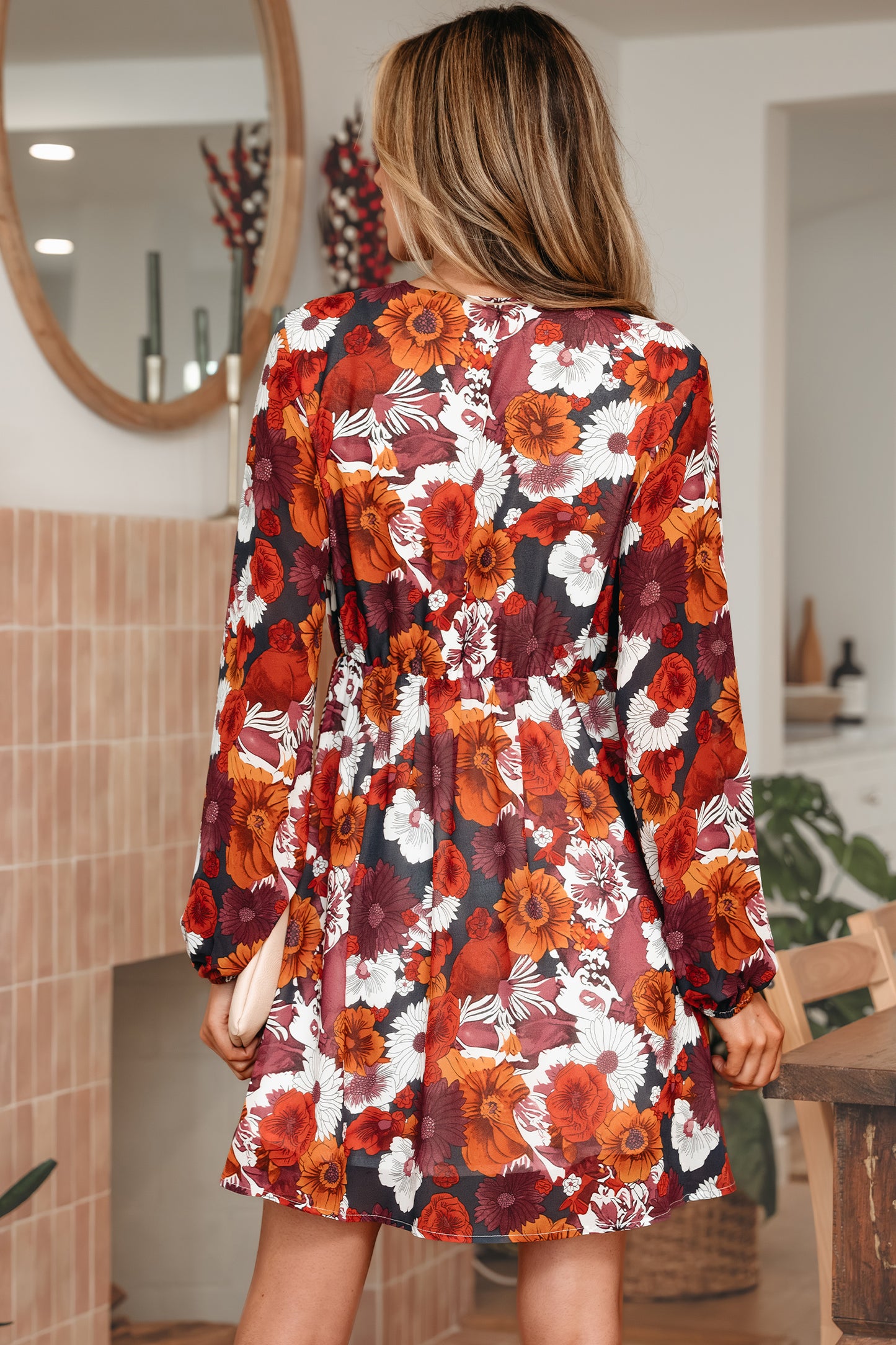 Red Floral Wrap V-Neck Puff Sleeve Mini Dress