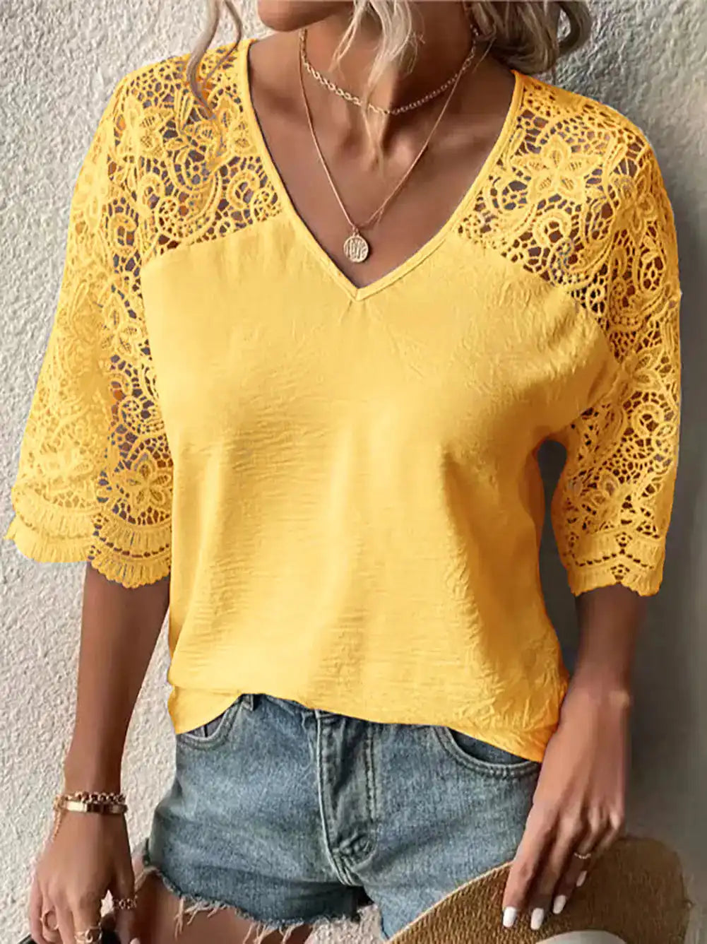 Yellow V-Neck Lace Hollow Loose Shirt