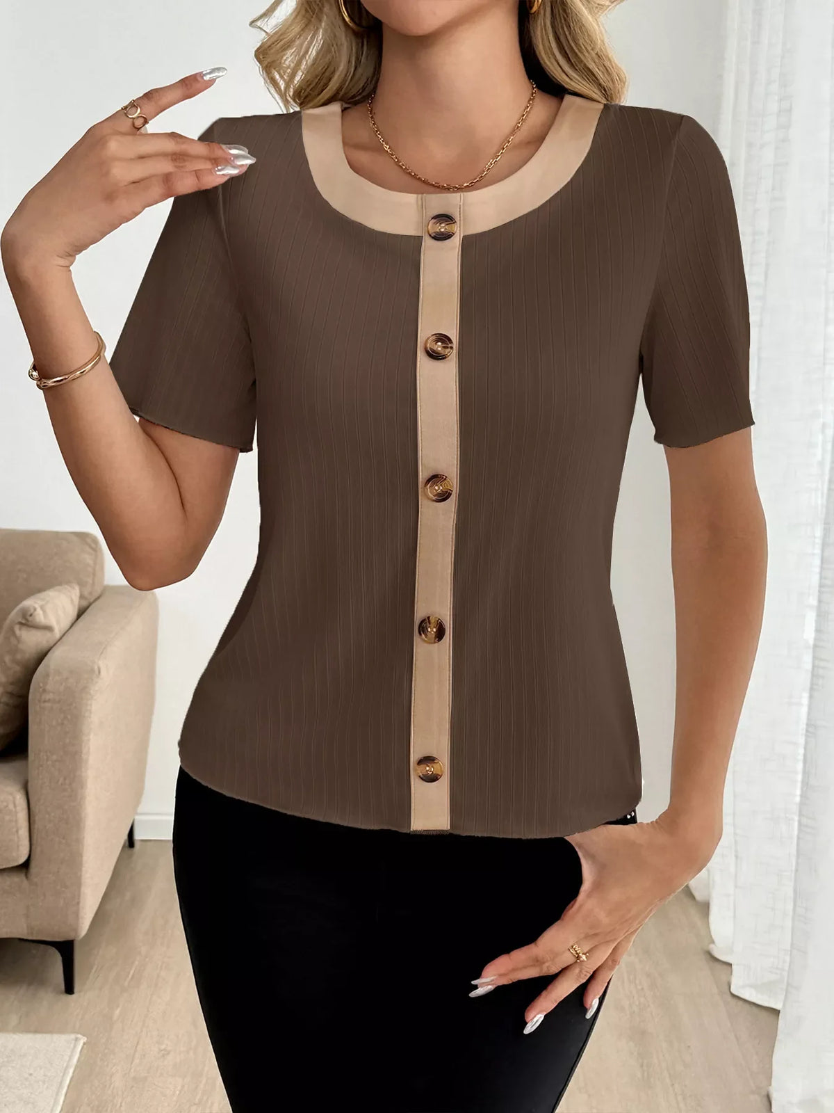 Decorative Button Round Neck Short Sleeve Blouse