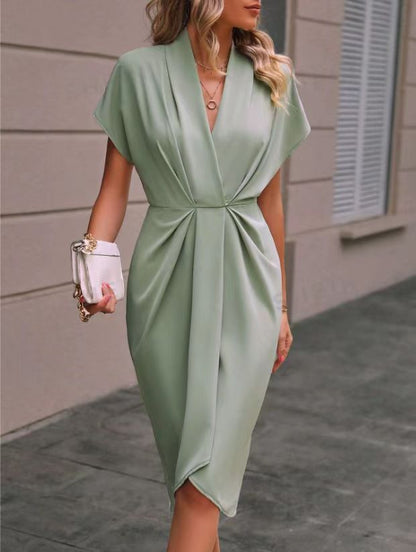 Summer Batwing Sleeve Dress - Stylish V-neck Pleated Short Sleeve Dress for Women - The Eggy's store