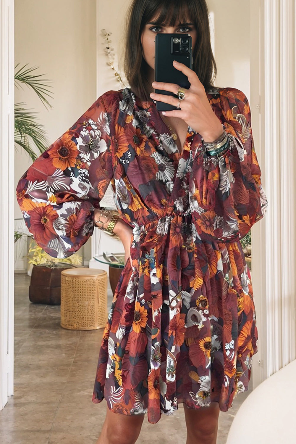 Red Floral Wrap V-Neck Puff Sleeve Mini Dress
