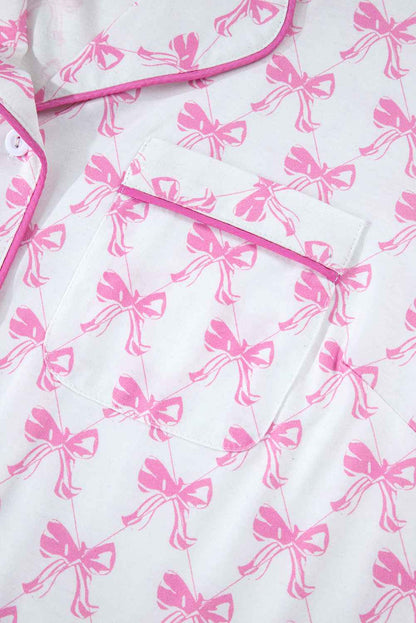 Pink Bowknot Print Shirt and Ruffle Hem Pajamas