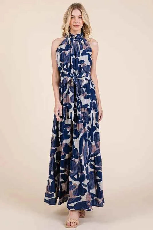 Lime 'N' Chili Abstract Halter Neck Tie-Waist Tiered Maxi Dress