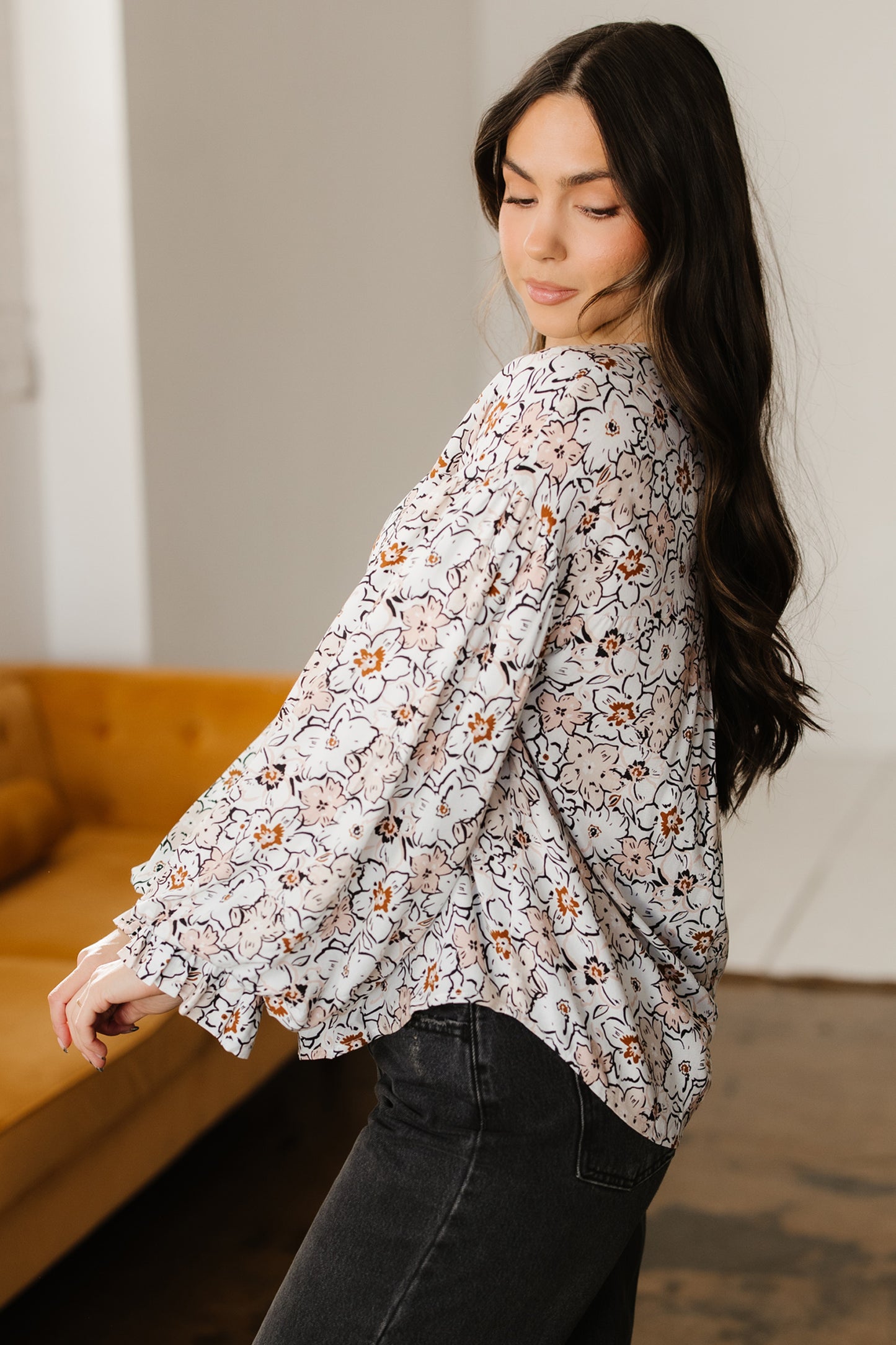 Khaki Bold Floral Print Frilled Puff Sleeve Button Down Women's Blouse