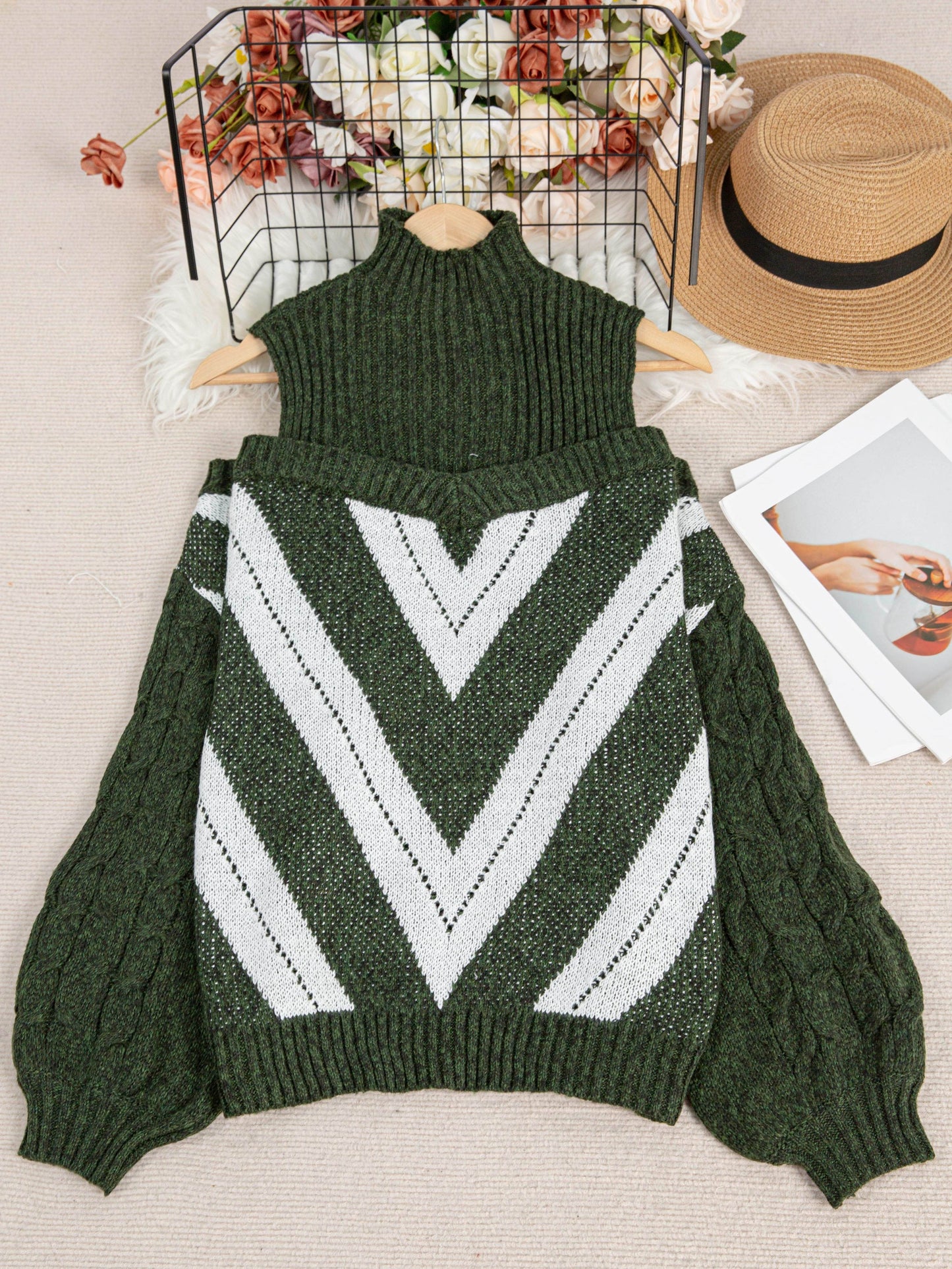 Elegant Plus Size Off Shoulder Striped Cable Knit Sweater