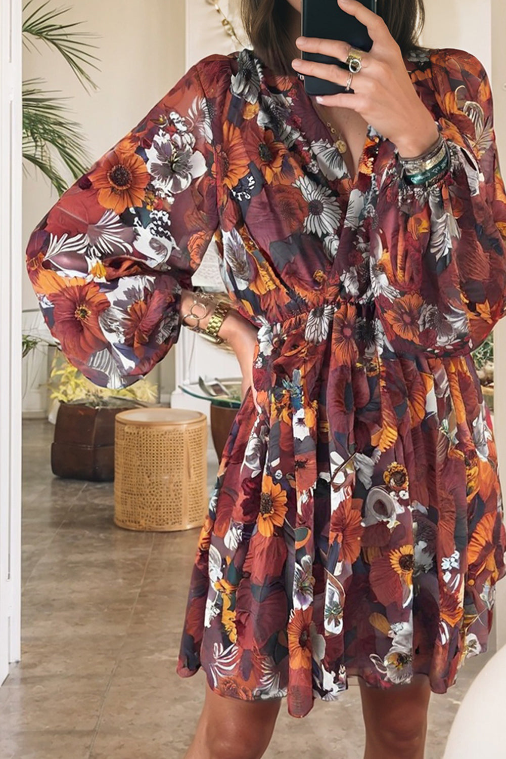 Red Floral Wrap V-Neck Puff Sleeve Mini Dress