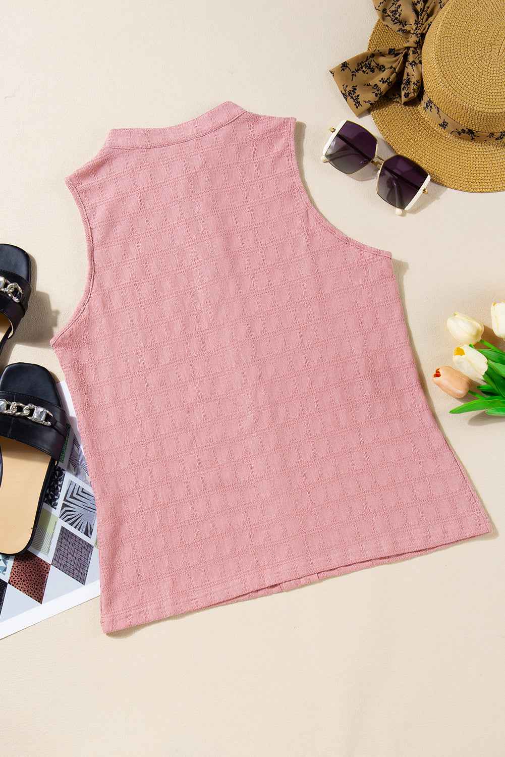 Sea Green Textured Split V Neck Sleeveless Shirt