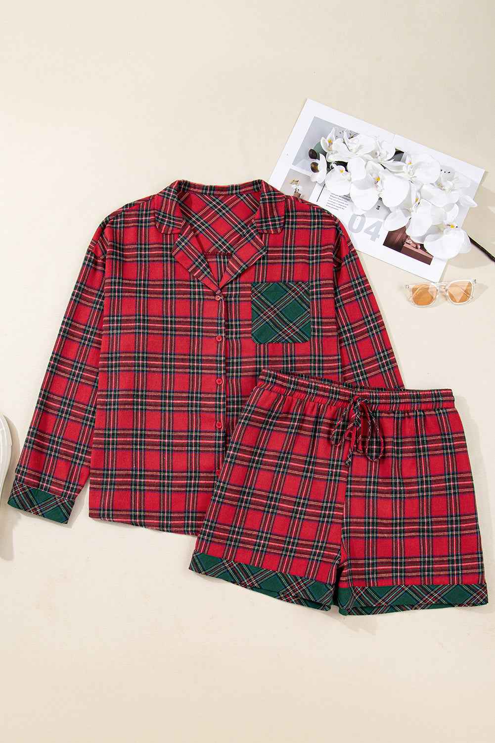 Plus Size Christmas Plaid Shirt and Shorts Pajama Set