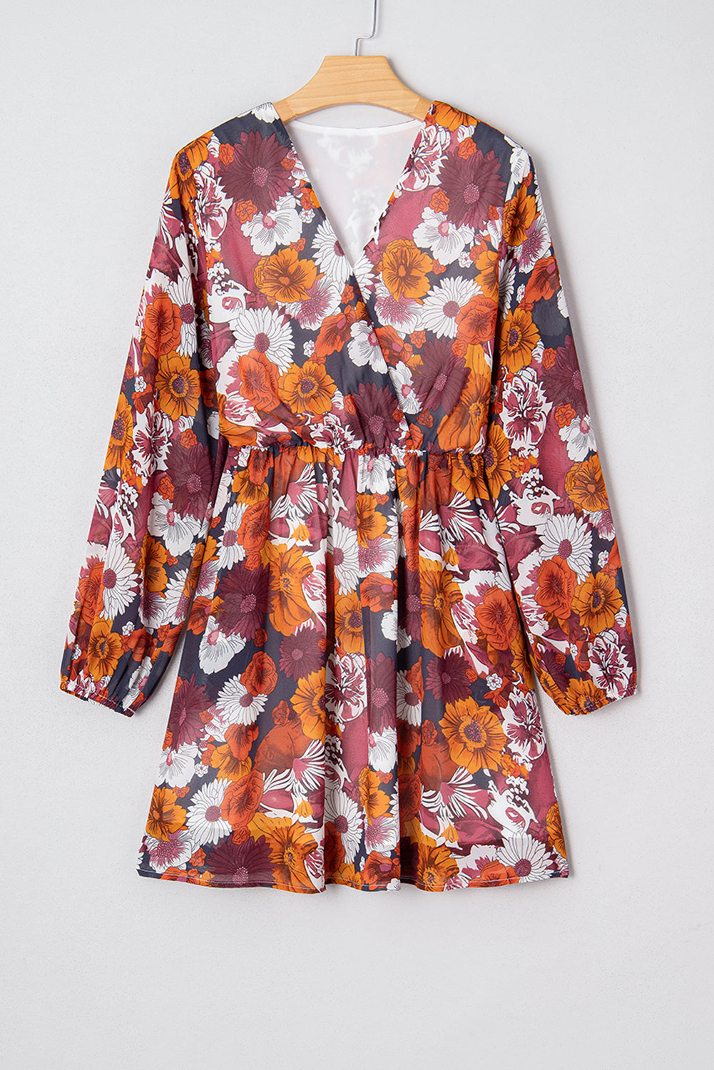 Red Floral Wrap V-Neck Puff Sleeve Mini Dress