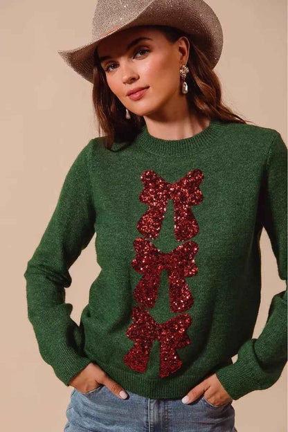 SO ME Sequins Bow Ribbon Embellished Christmas Sweater