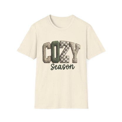 Cozy Season Women's T-Shirt — Plaid Knit Lettering Fall Graphic Tee