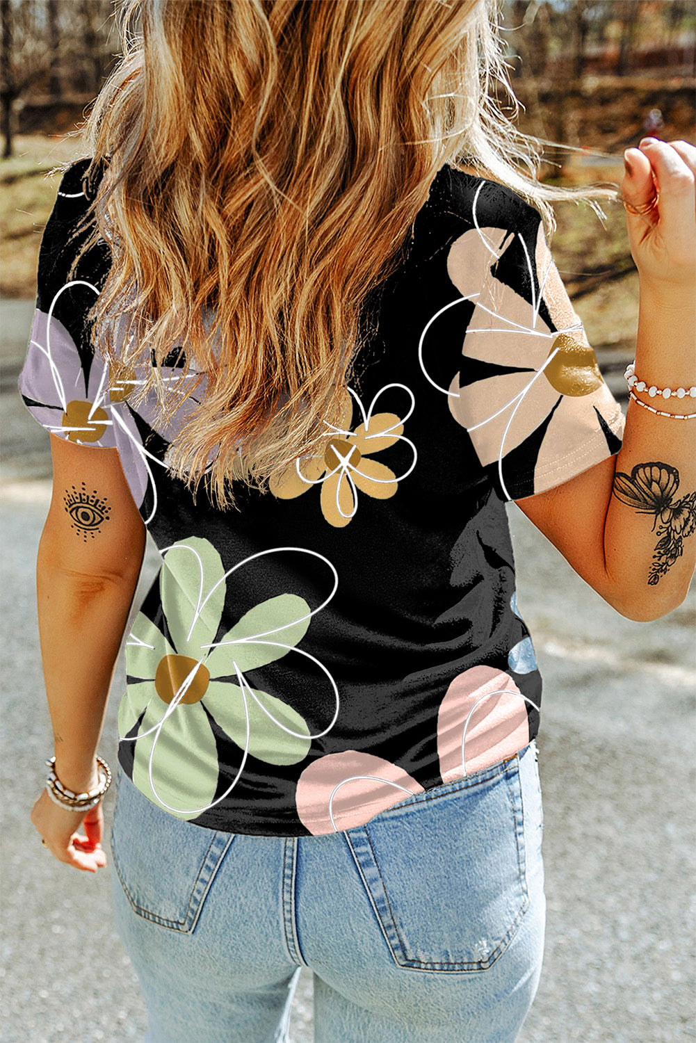 Beige Summer Flower Print Round Neck T-Shirt