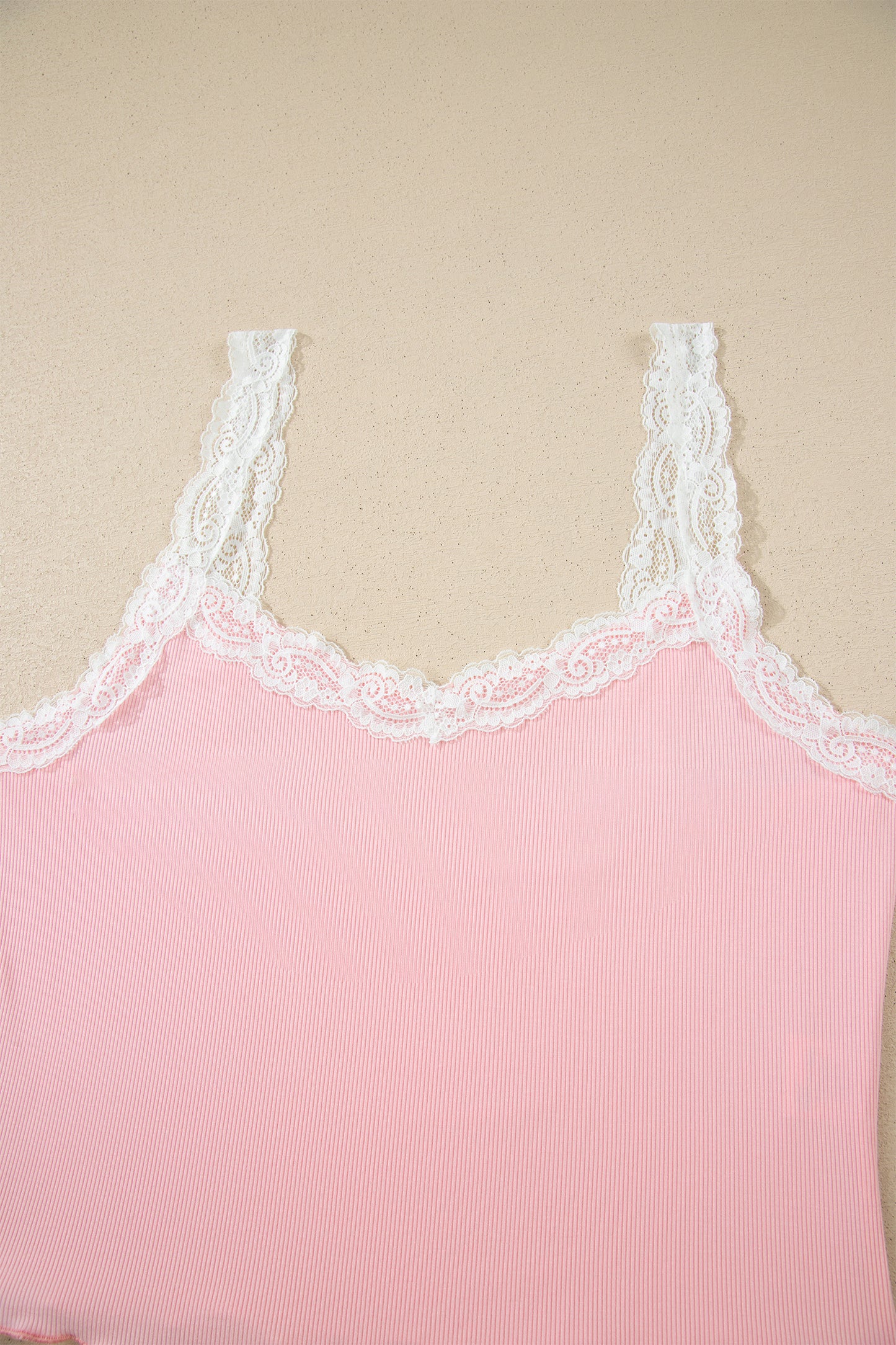 Pink Ribbed Knit Lace Straps Patchwork Lettuce Hem Short Loungewear