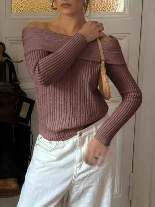 Off-Shoulder Ribbed Knit Sweater