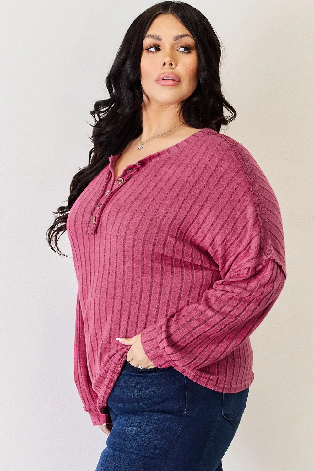 Basic Bae Full Size Ribbed Half Button Long Sleeve High-Low Women's T-Shirt - The Eggy's store