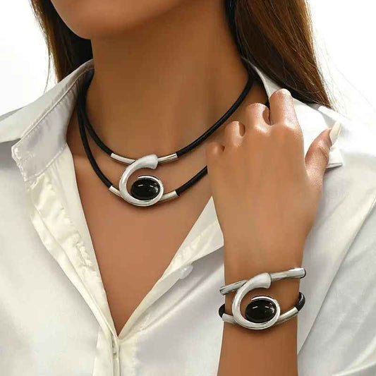 Modern Elegance  Black & Silver Leather Choker Necklace And Bracelet Set