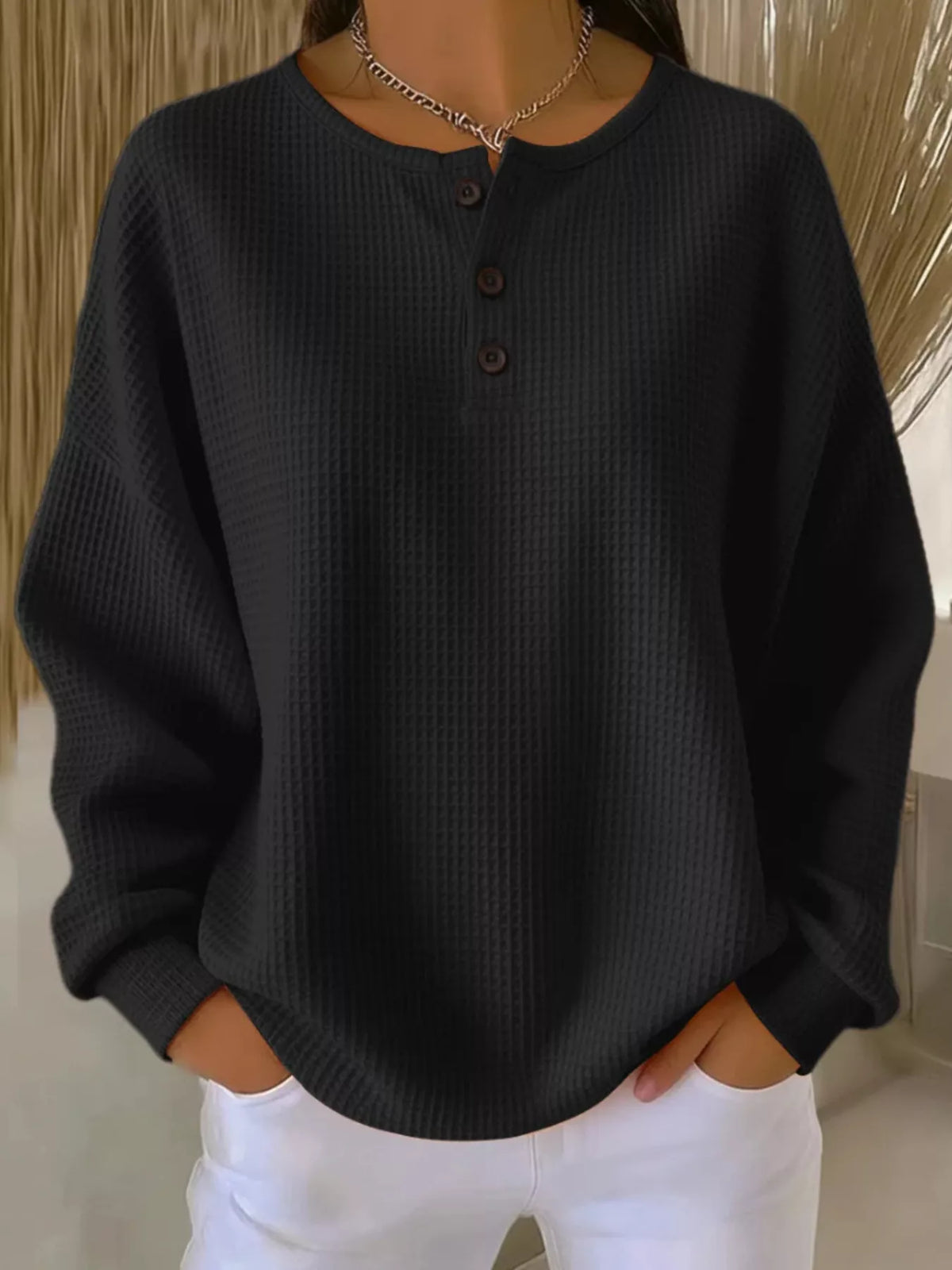 Waffle Knit Button Detail Pullover