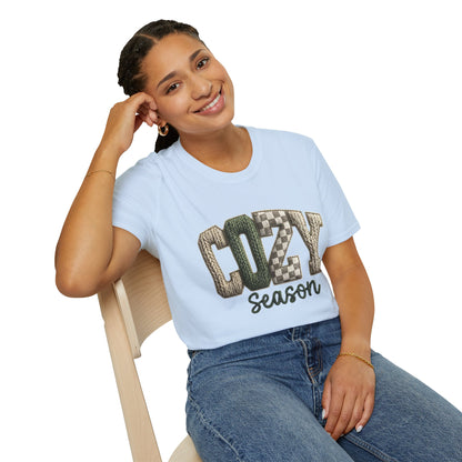 Cozy Season Women's T-Shirt — Plaid Knit Lettering Fall Graphic Tee