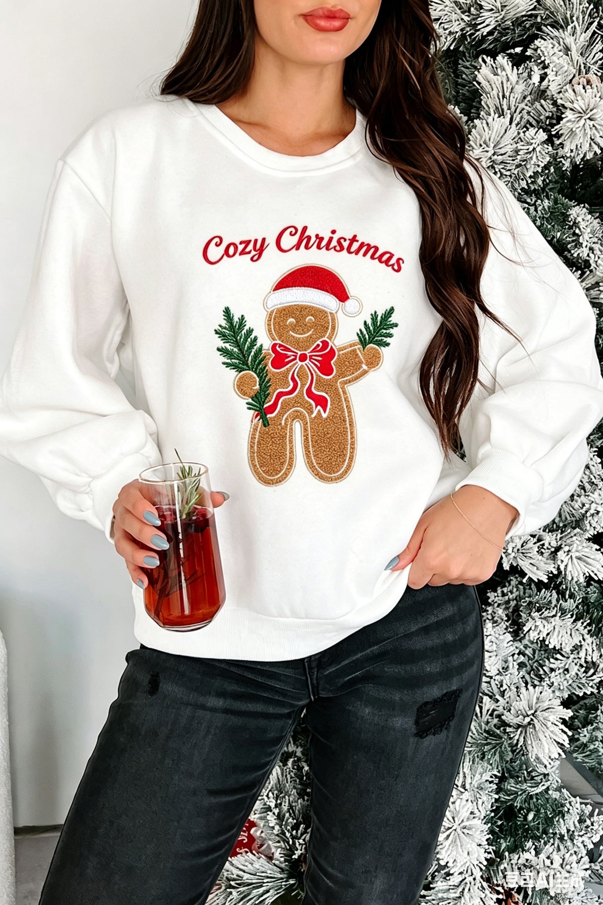 White Gingerbread Embroidered Christmas Sweatshirt