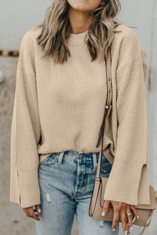 Parchment Knit Women's Top with Solid Textured Design and Split Cuff Drop Shoulder - The Eggy's store