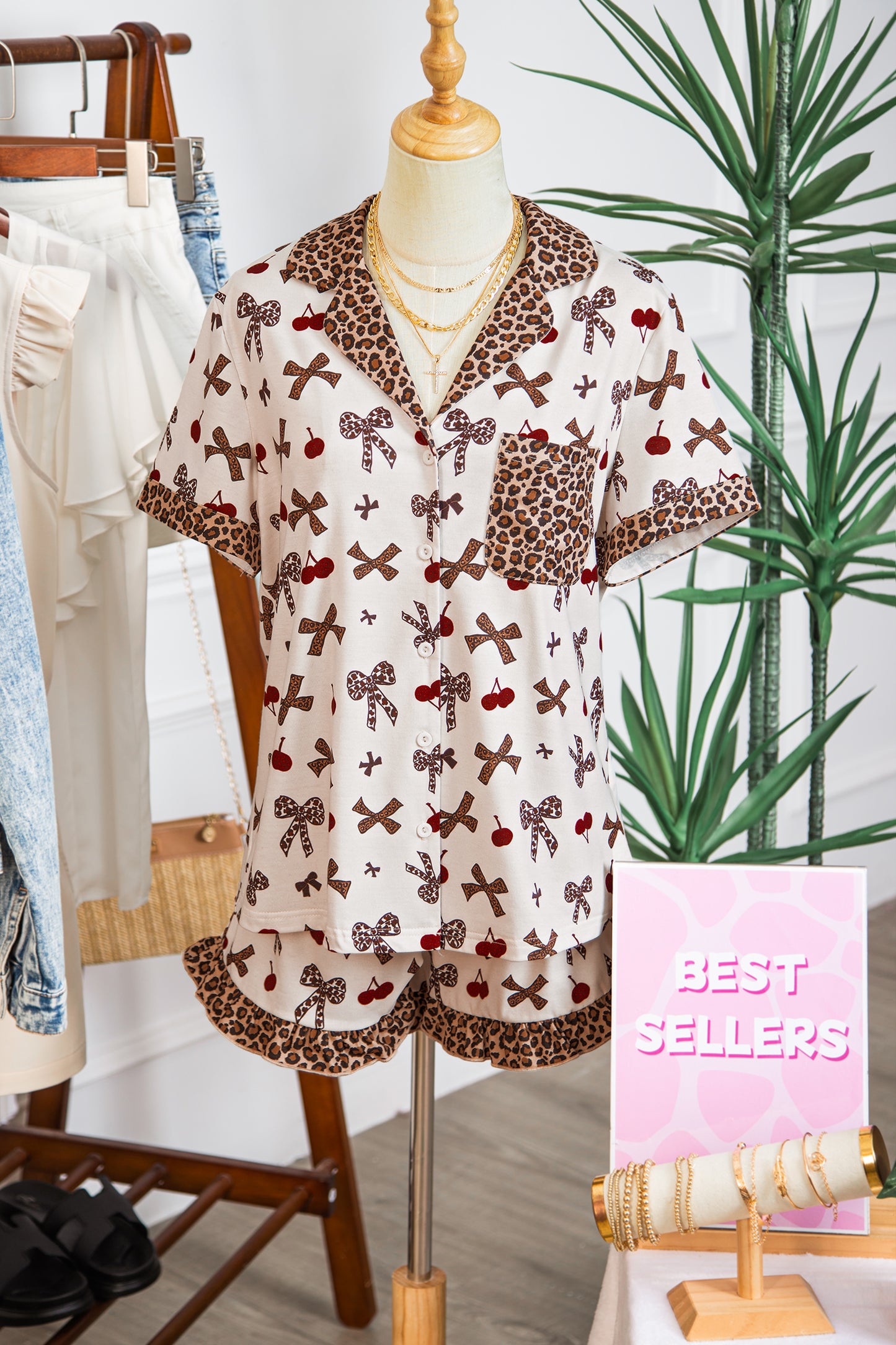White Chic Bow Cherry Printed Leopard Patchwork 2 Piece Sleepwear