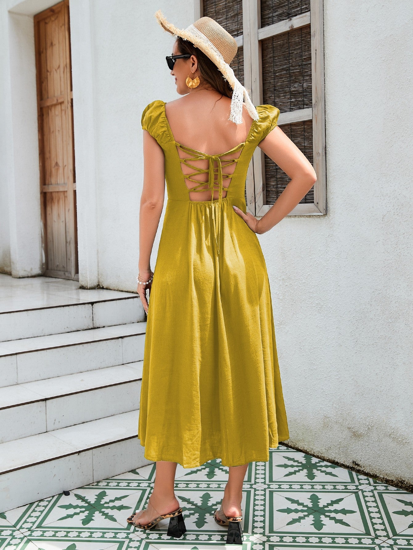 Women's Linen-Cotton Midi Dress - Versatile Off-Shoulder Design With Adjustable Tie-Back And Split Hem In Yellow, Green, And Orange - The Eggy's store