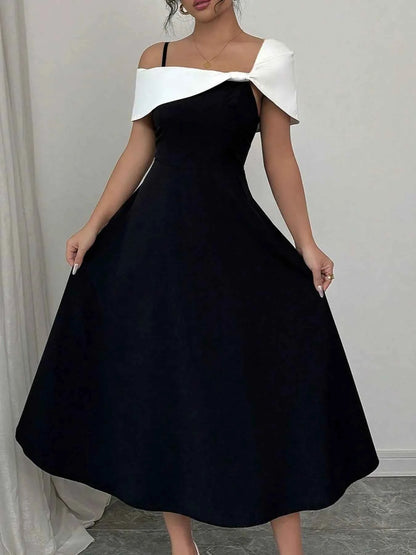 Asymmetrical Neck Contrast Midi Dress