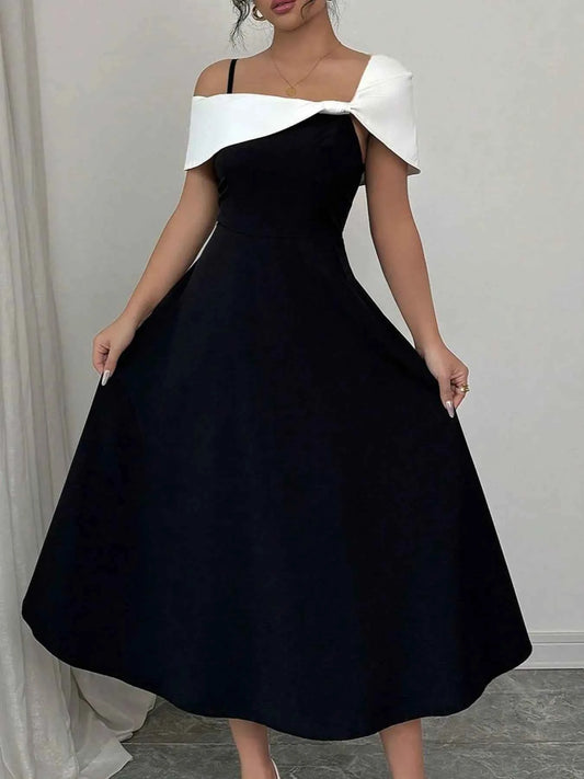 Asymmetrical Neck Contrast Midi Dress