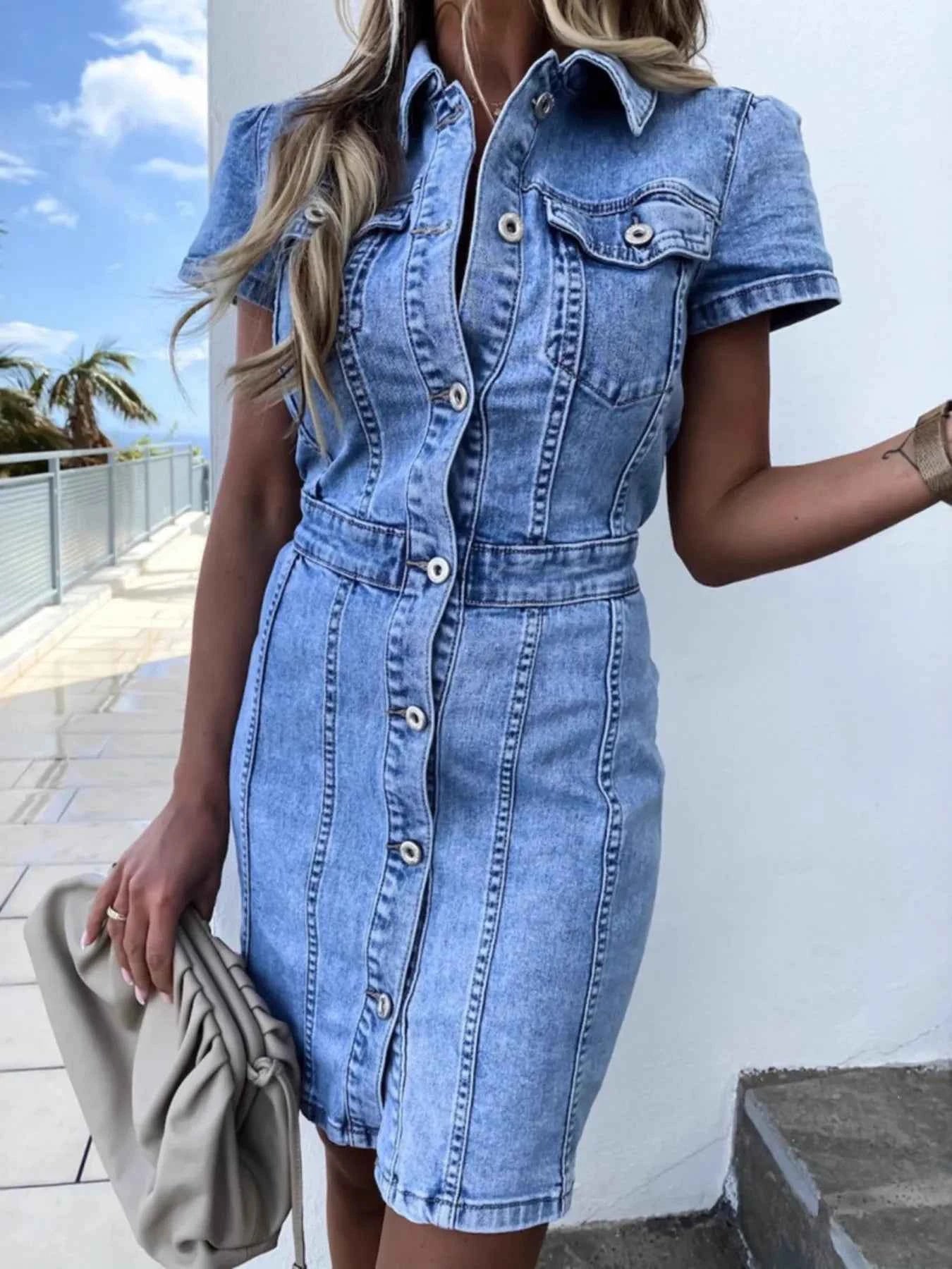 Button Front Short Sleeve Denim Dress