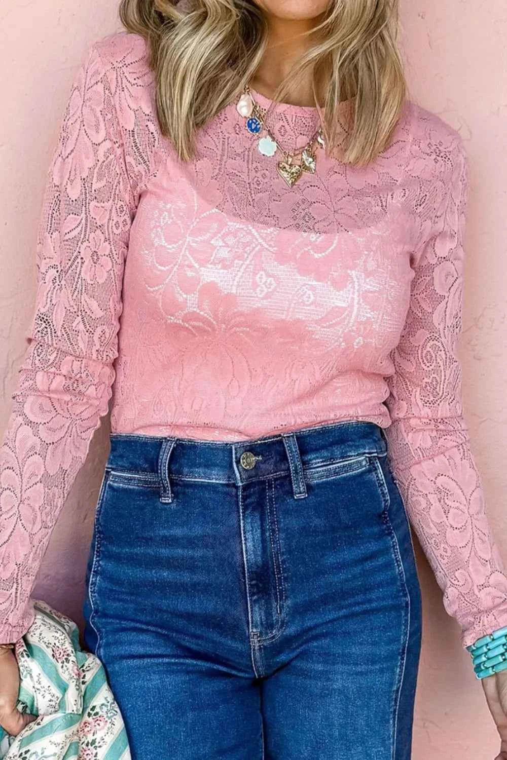 Lace Flower Round Neck Long Sleeve Women's Top