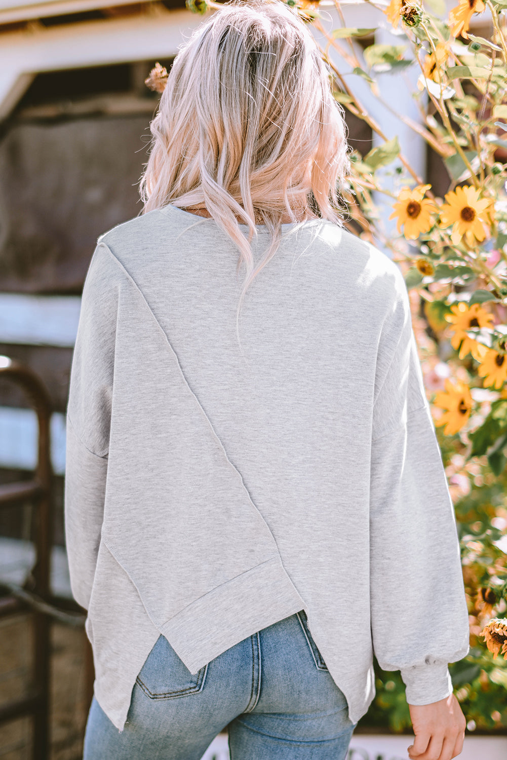 Khaki Colorblock Stitching Irregular Hem Long Sleeve Women's Top