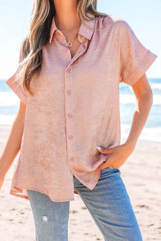 Kiana Metallic Buttoned Loose Fit Short Sleeve Shirt