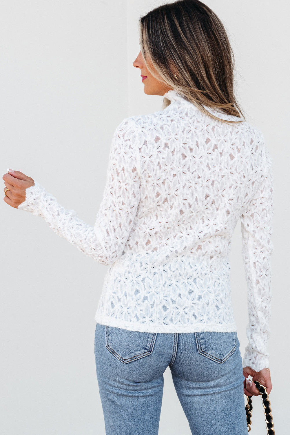 Flower Lace See-Through Mock Neck Long Sleeve Top