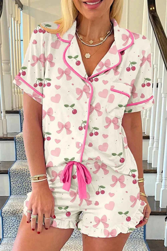 Cherry Bow Print Button Up Womens Loungewear Set