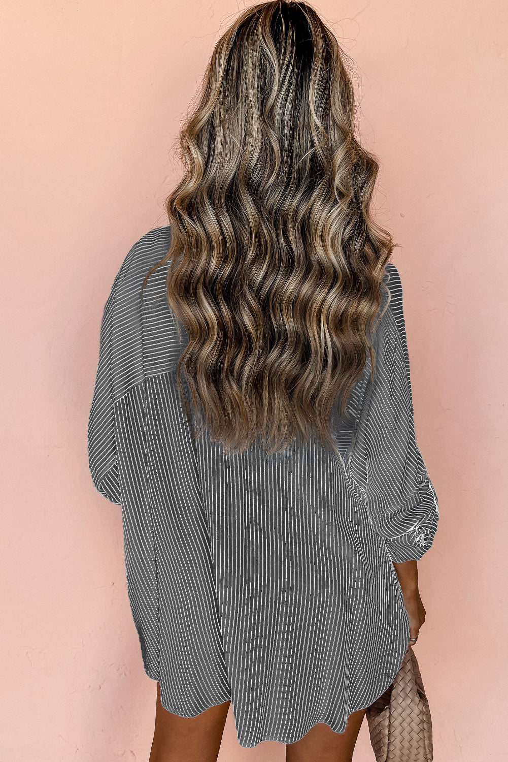 Striped Roll-Tab Sleeve Pocketed Long Blouse