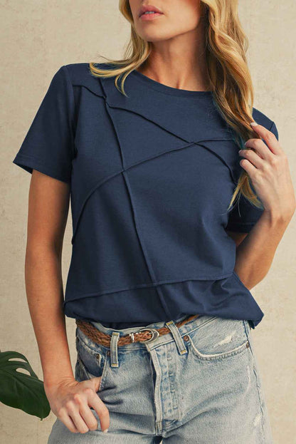 Dirty Blue Solid Color Round Neck T Shirt