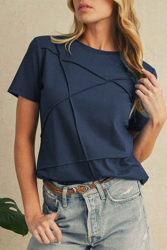 Dirty Blue Solid Color Round Neck T Shirt