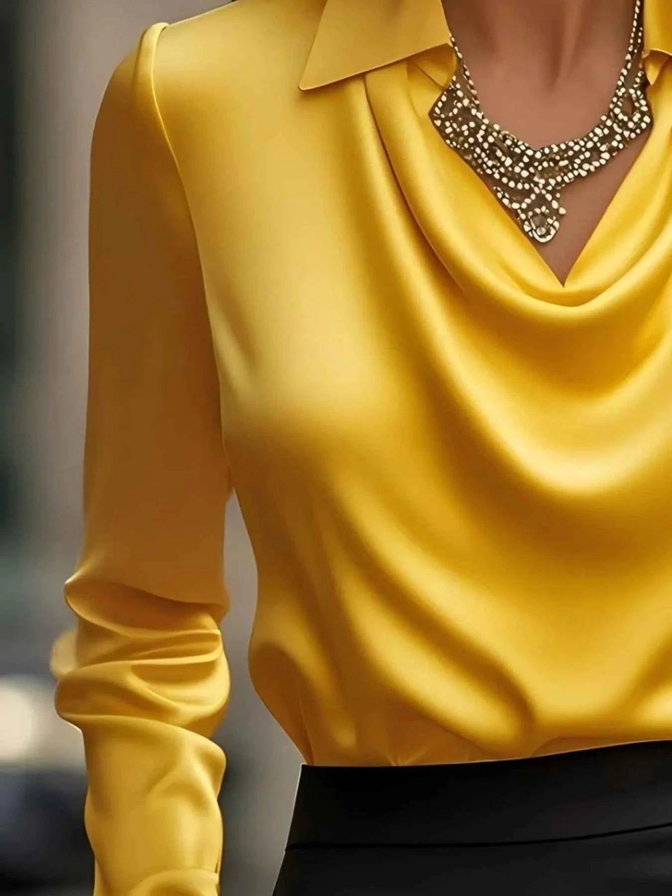 Satin Collar Long Sleeve Blouse for Women Office Wear