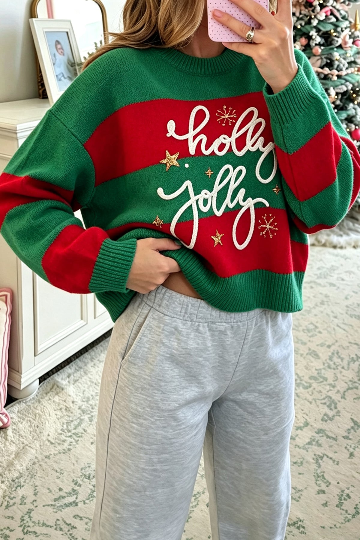 Striped Holly Jolly Sequin Christmas Sweater