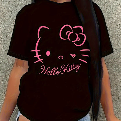 Hello Kitty Pink Bow Black Graphic Women's T-shirt styled with casual wear, featuring a bold pink Hello Kitty graphic on a black background.