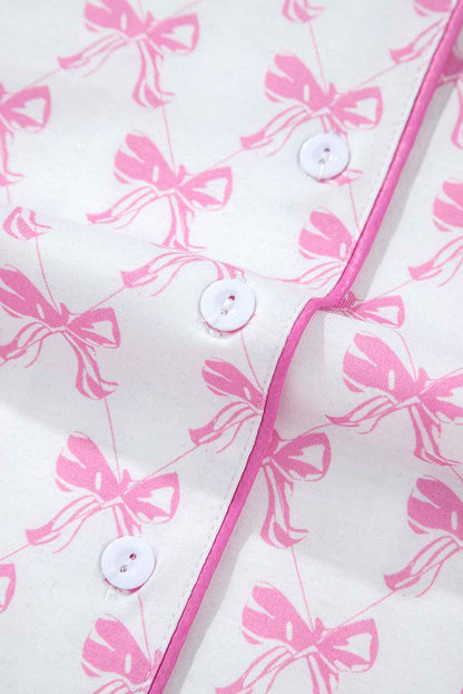 Pink Bowknot Print Shirt and Ruffle Hem Pajamas